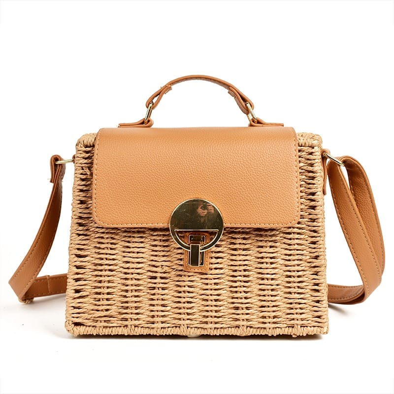 Mirror Trapezoid Button Lock Rattan Bags Crossbody Woven Bags