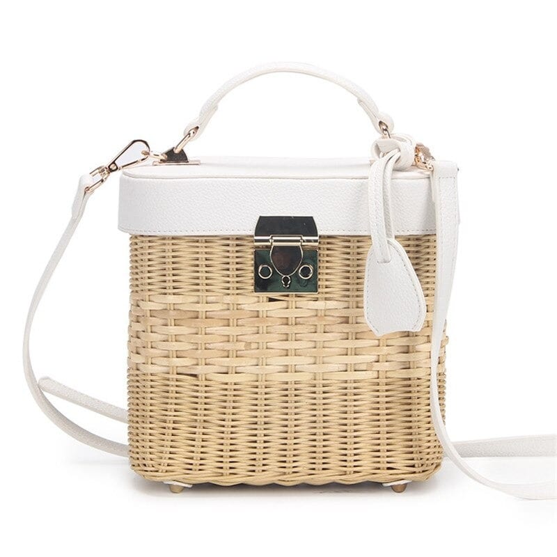 Rattan Box Handbag - Leather Woven Crossbody Bag - Straw Bag with Leather